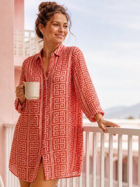 Plum Pretty Sugar Red Cotton Shirt Dress Greek Key Print Medium Resort Wear